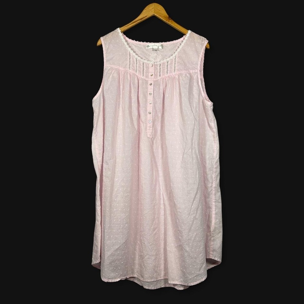 Y2K Eileen West Pink Cotton Nightgown Floral Lace Polka Dot Embroidered Women XL